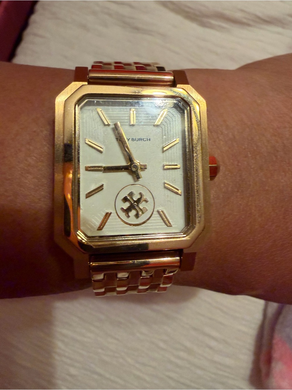 Tory Burch Rose Gold Square Link Bracelet Watch with White Dial
